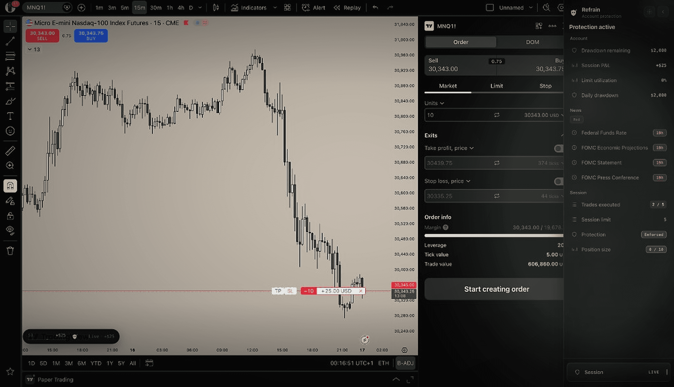 Refrain on TradingView — account protection sidebar and session limits