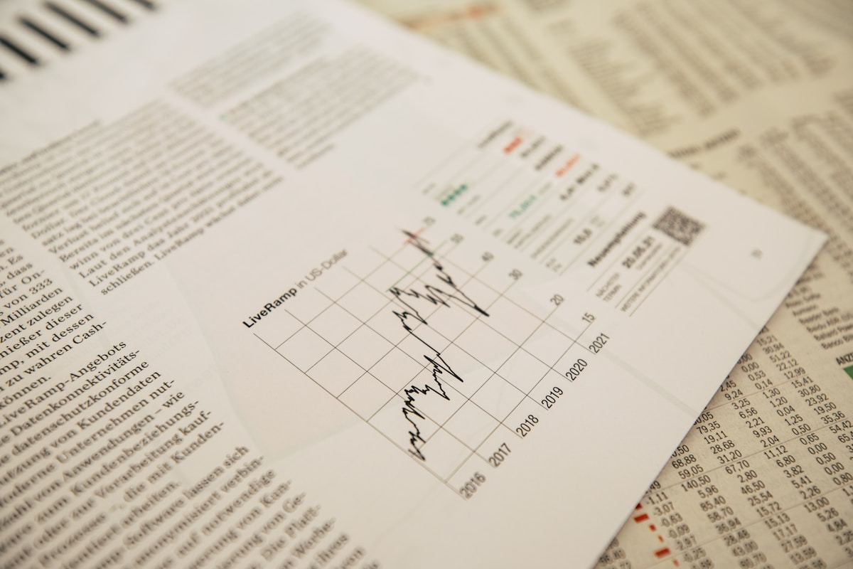 Financial newspaper headlines next to a stock market chart